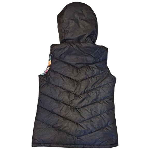 Volcom Down Puffer Vest Women's Large Hooded Sleeveless Printed Lining Black - Picture 2 of 11